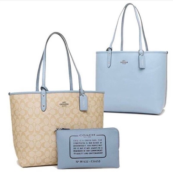 Set Reversible Coach Brown & Blue Signature Monogram City Tote w/Matching Pouch - Picture 6 of 6